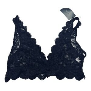 Prilin Womens Black Floral Lace Bralette V-Neck Scalloped Edge Unlined NWT